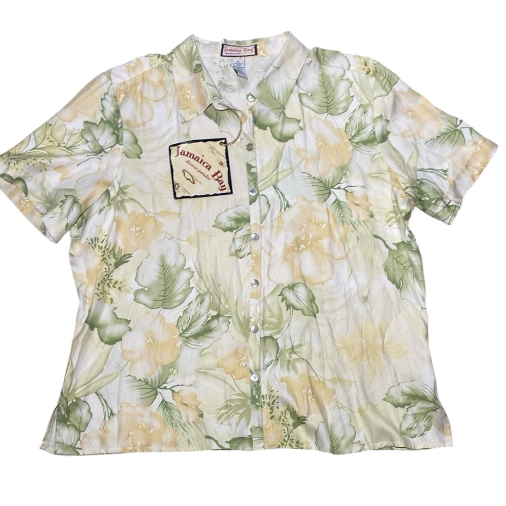 Green and Yellow Casual Button Down Shirt with Floral Pattern Vintage